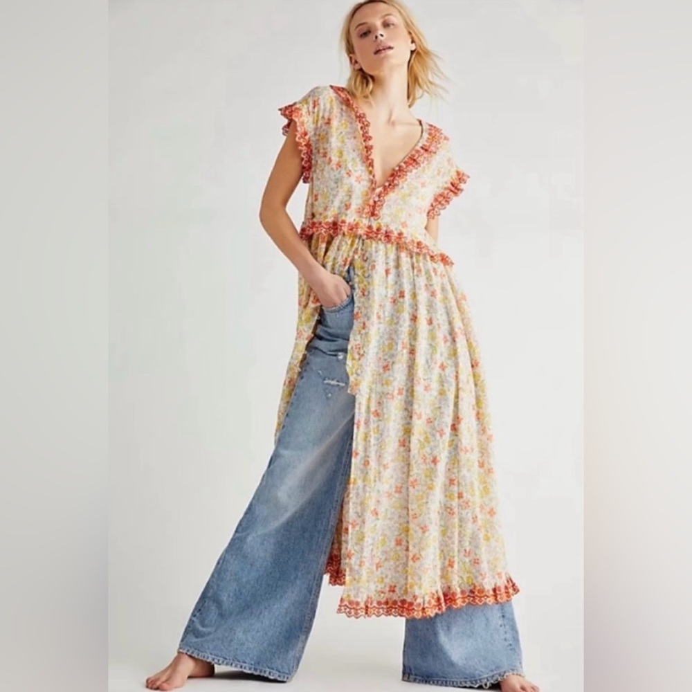 NWOT FP / MILANIA SZ-L MAXI DRESS/TUNIC in CREAMS & ORANGES